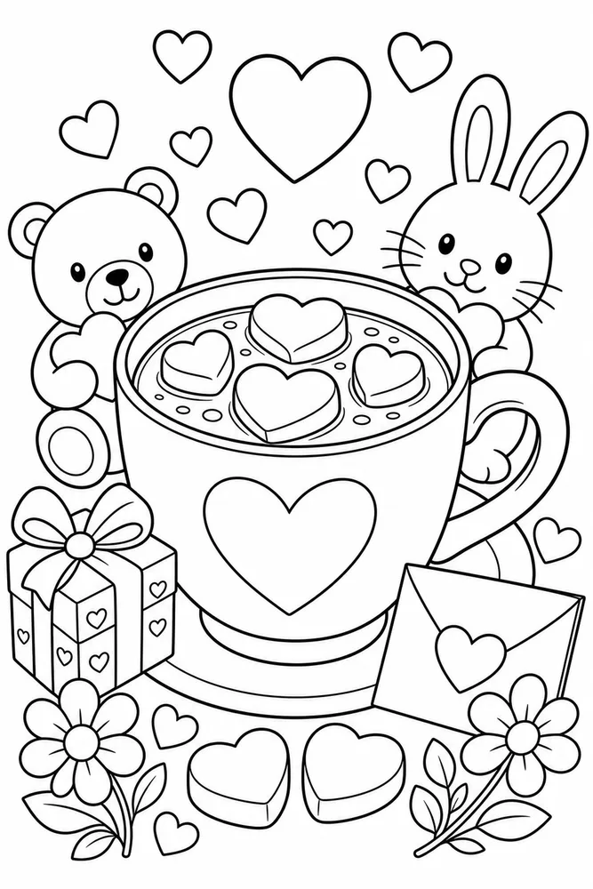 Valentine's Day Cup Of Cocoa With Hearts printable coloring page
