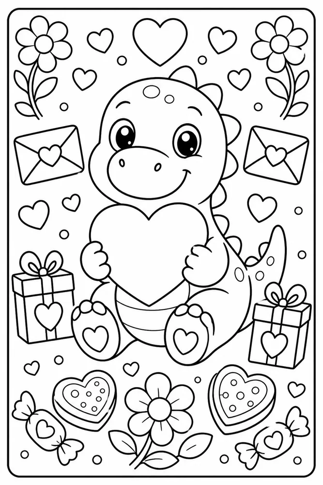 Valentine's Day Dinosaur Holding Heart printable coloring page