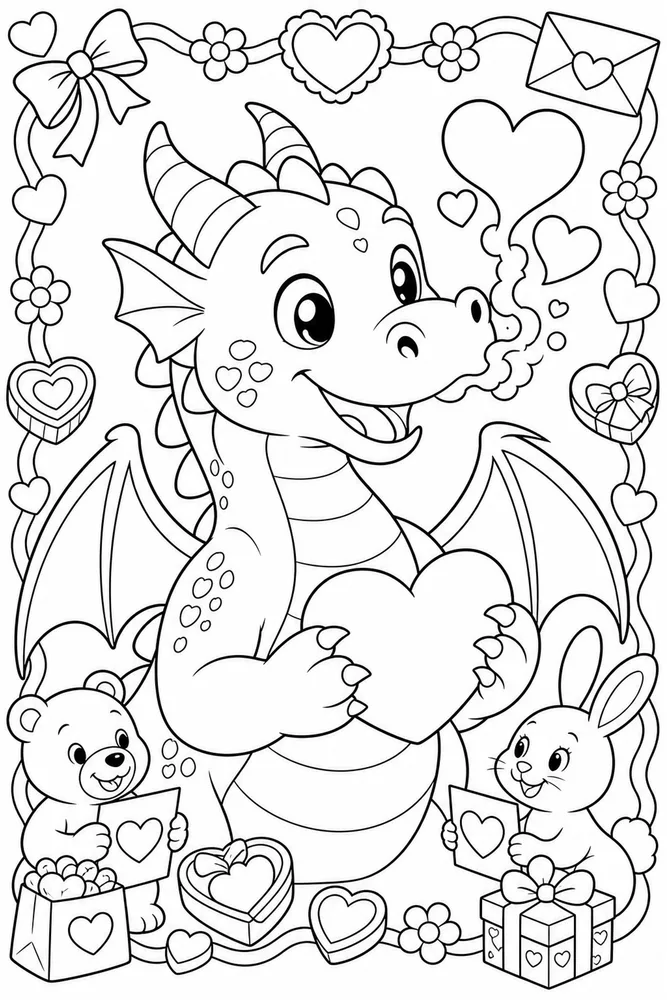 Valentine's Day Dragon With Heart Smoke printable coloring page