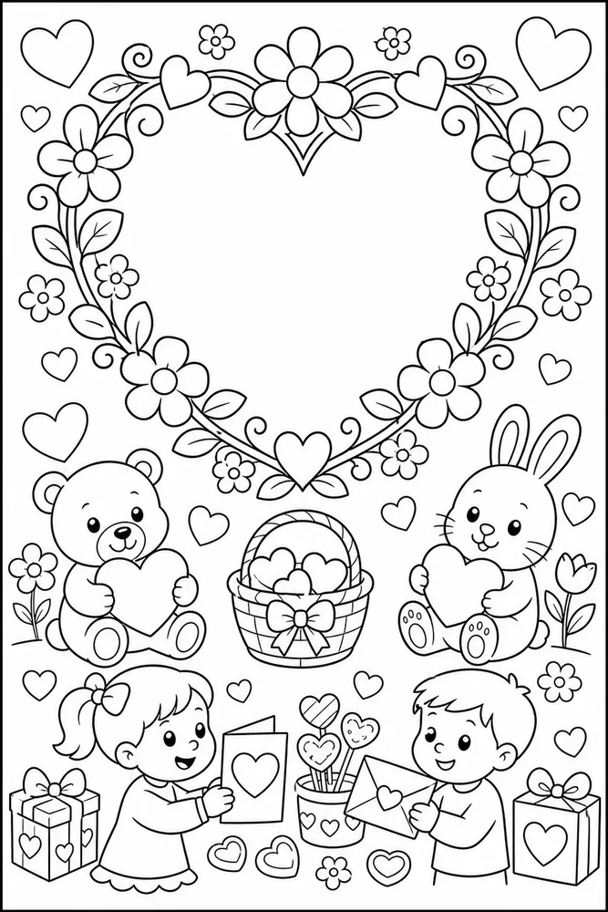 Valentine's Day Floral Heart Frame printable coloring page