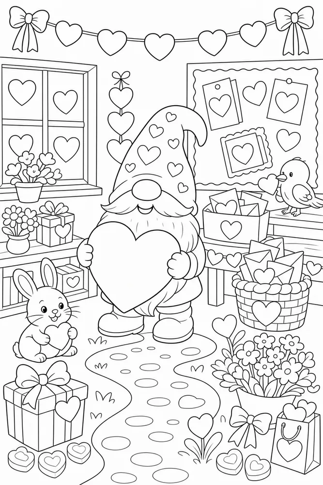 Valentine's Day Gnome With Heart Sign printable coloring page