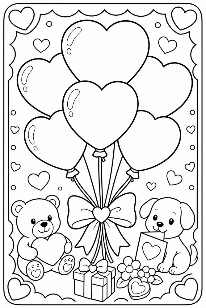 Valentine's Day Heart Balloon Bunch printable coloring page