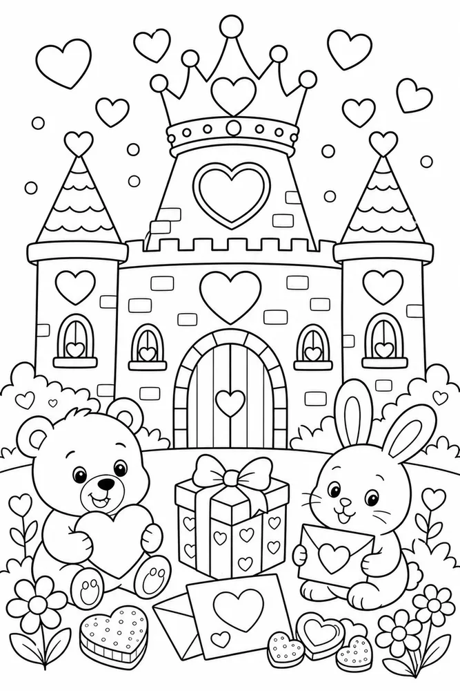 Valentine's Day Heart Crown Castle printable coloring page