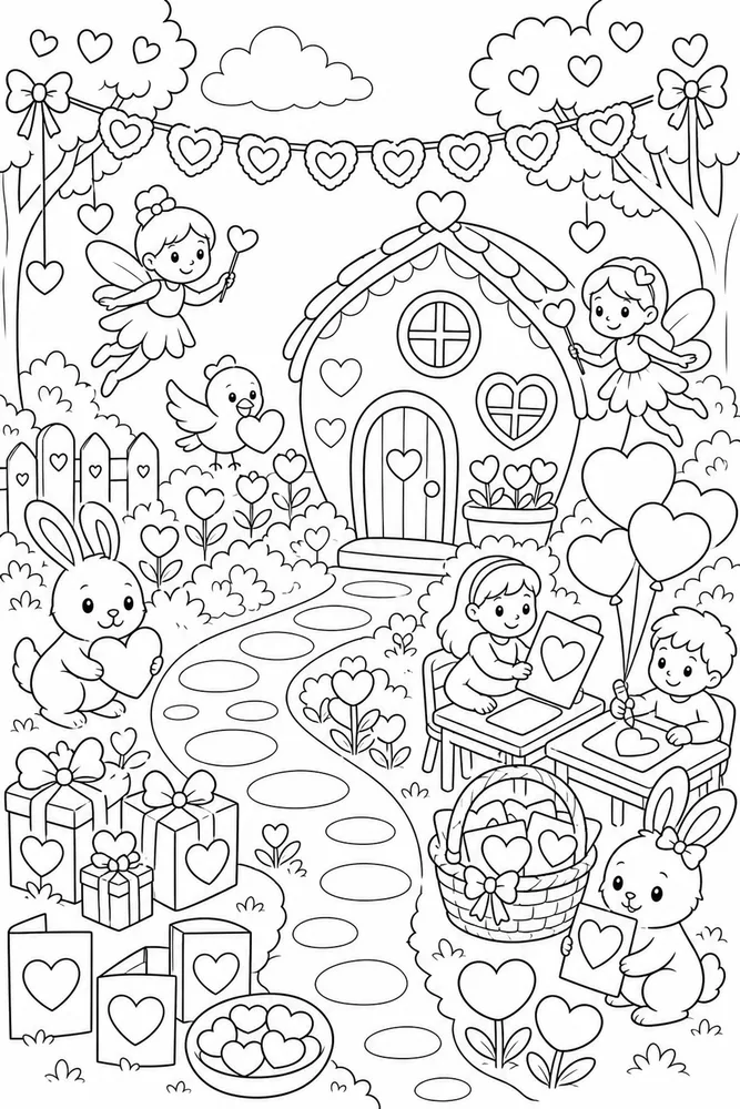 Valentine's Day Heart Fairy Garden printable coloring page
