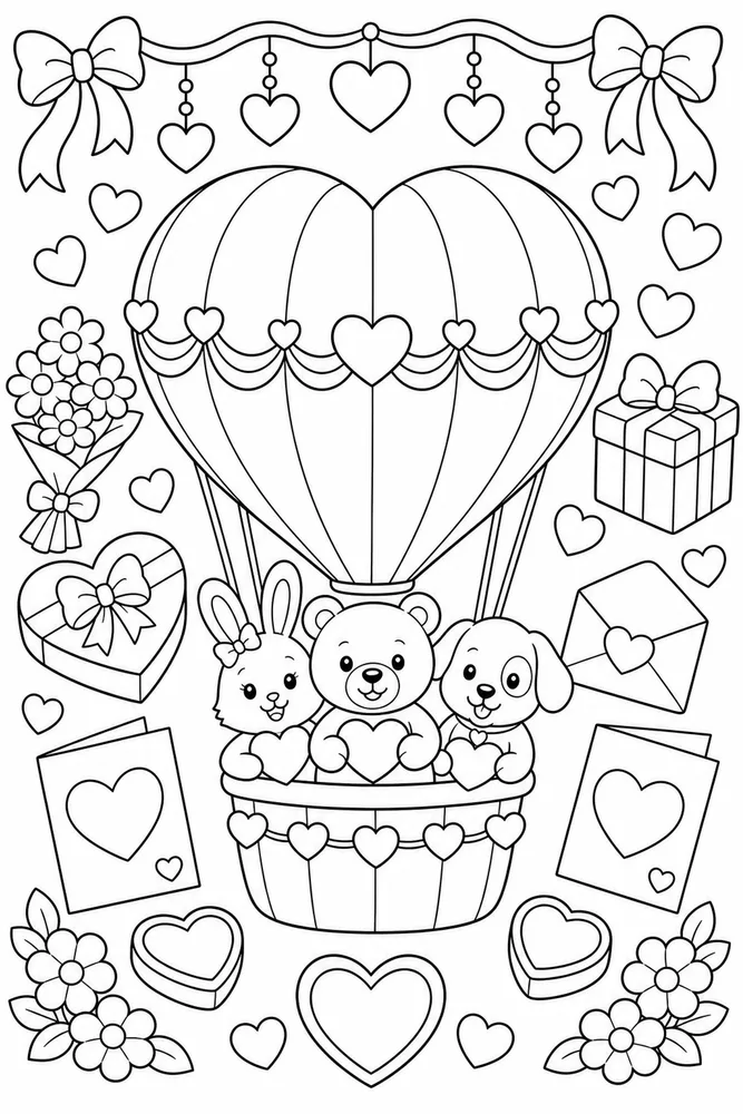 Valentine's Day Heart Hot Air Balloon printable coloring page