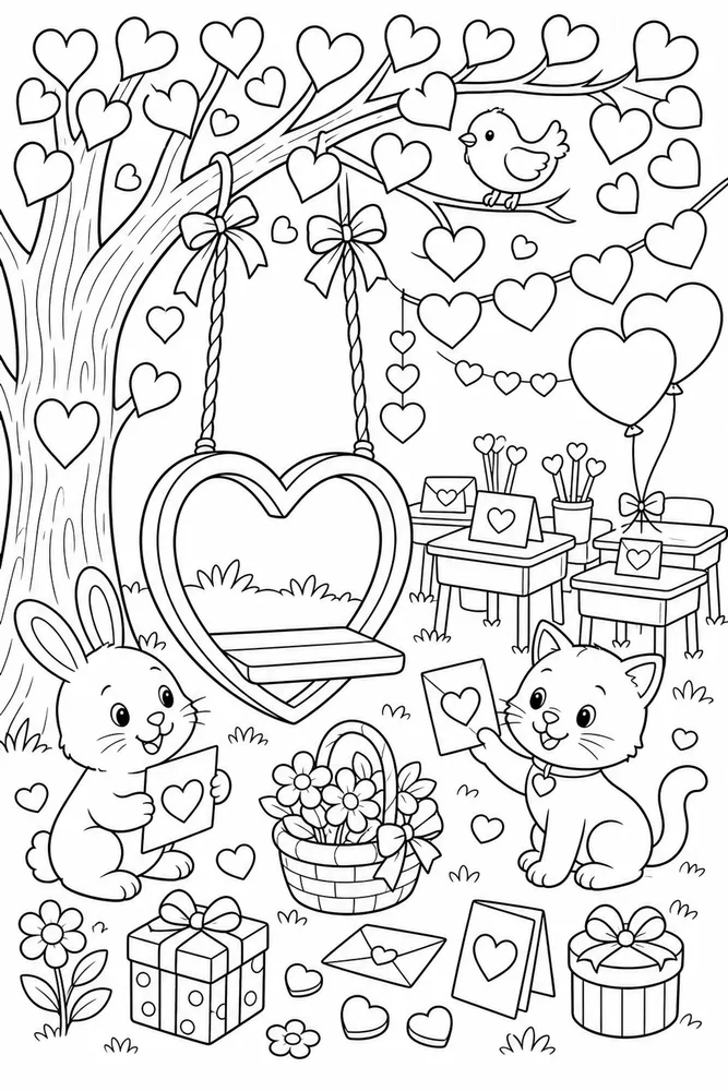 Valentine's Day Heart Shaped Tree Swing printable coloring page