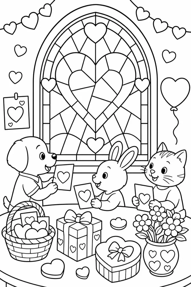 Valentine's Day Heart Stained Glass Window printable coloring page