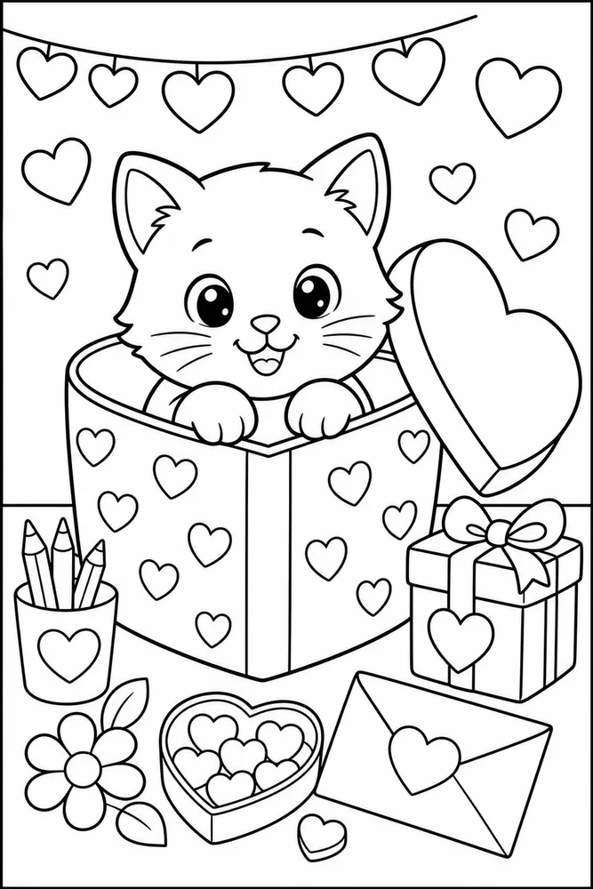 Valentine's Day Kitten In Heart Box printable coloring page