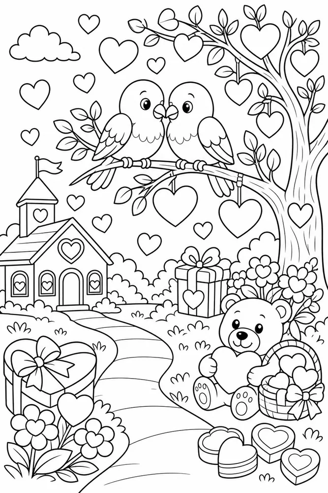 Valentine's Day Love Birds On Branch printable coloring page