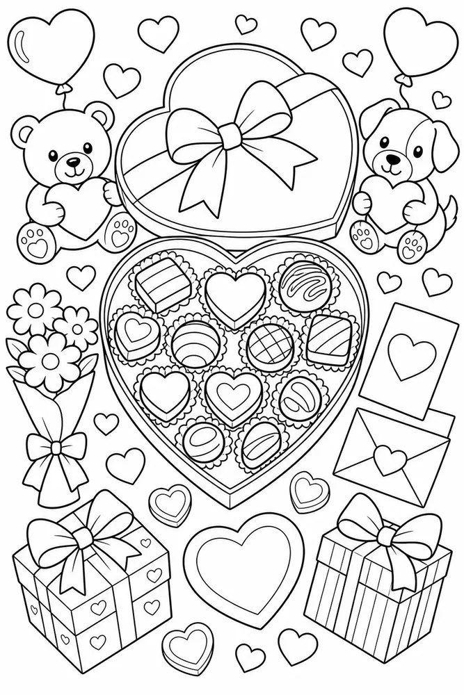 Valentine's Day Open Chocolate Box printable coloring page