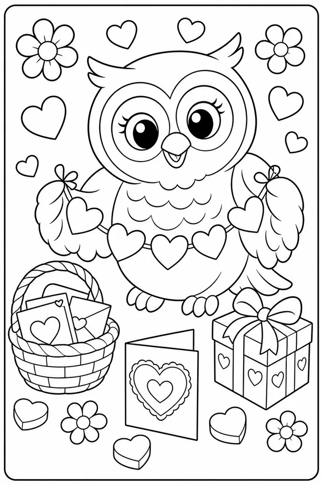 Valentine's Day Owl With Heart Garland printable coloring page
