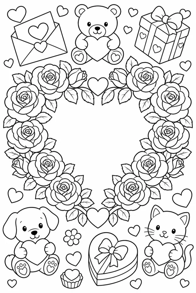 Valentine's Day Rose Heart Wreath printable coloring page