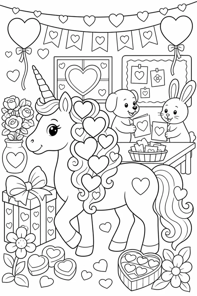 Valentine's Day Unicorn With Heart Mane printable coloring page