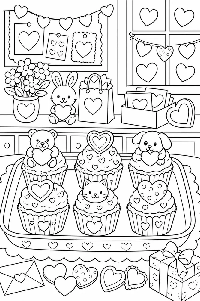 Valentine's Day Valentine Cupcake Tray printable coloring page