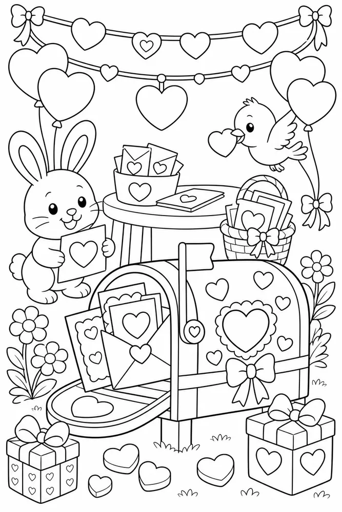 Valentine's Day Valentine Mailbox With Cards printable coloring page