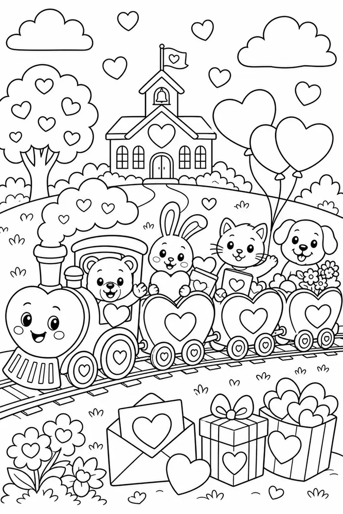 Valentine's Day Valentine Train Of Hearts printable coloring page