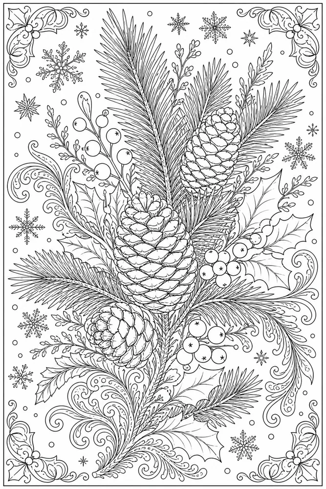 Adult Winter Botanical Pine coloring page
