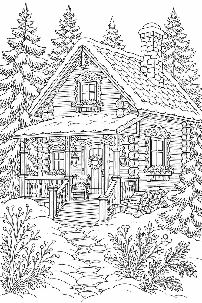 Adult Winter Cozy Cabin coloring page