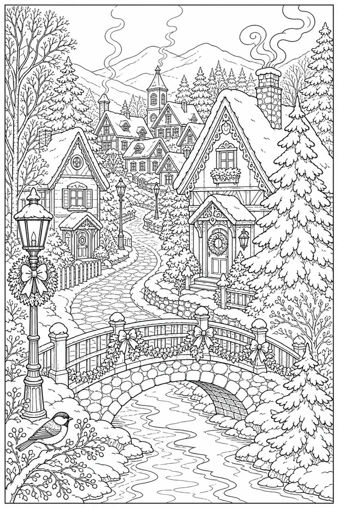 Adult Winter Detailed Snowy Village coloring page