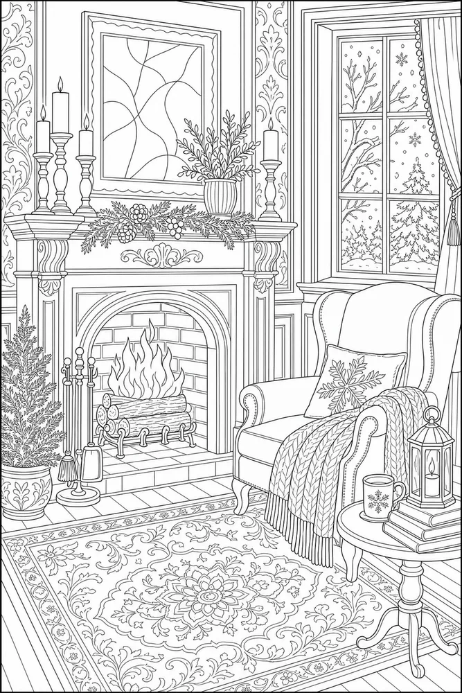 Adult Winter Fireplace Room coloring page