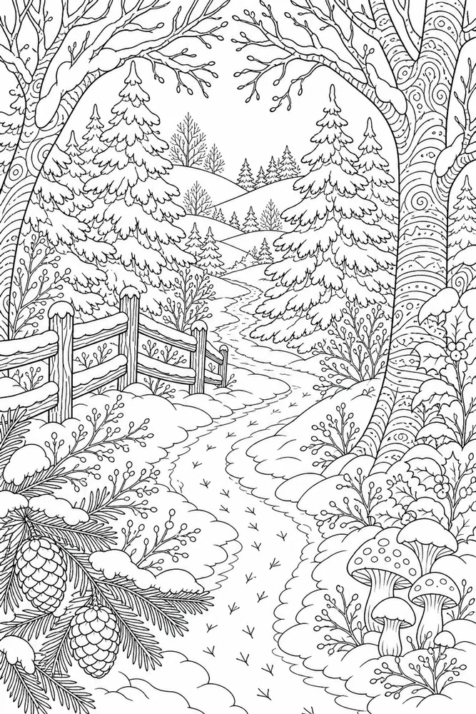Adult Winter Forest Path coloring page
