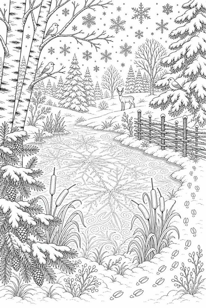Adult Winter Frozen Pond coloring page
