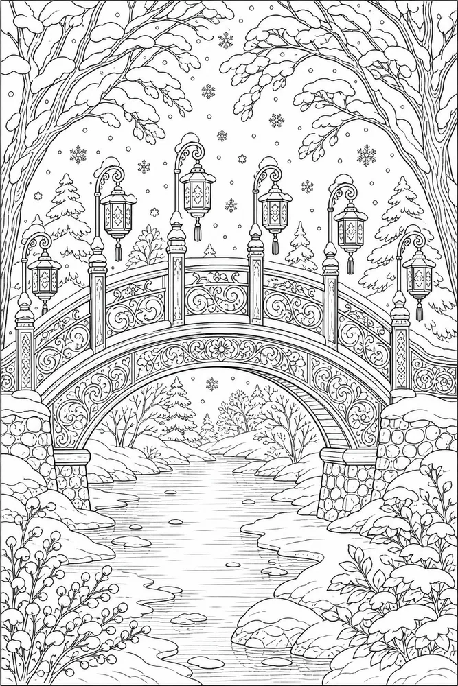 Adult Winter Lantern Bridge coloring page