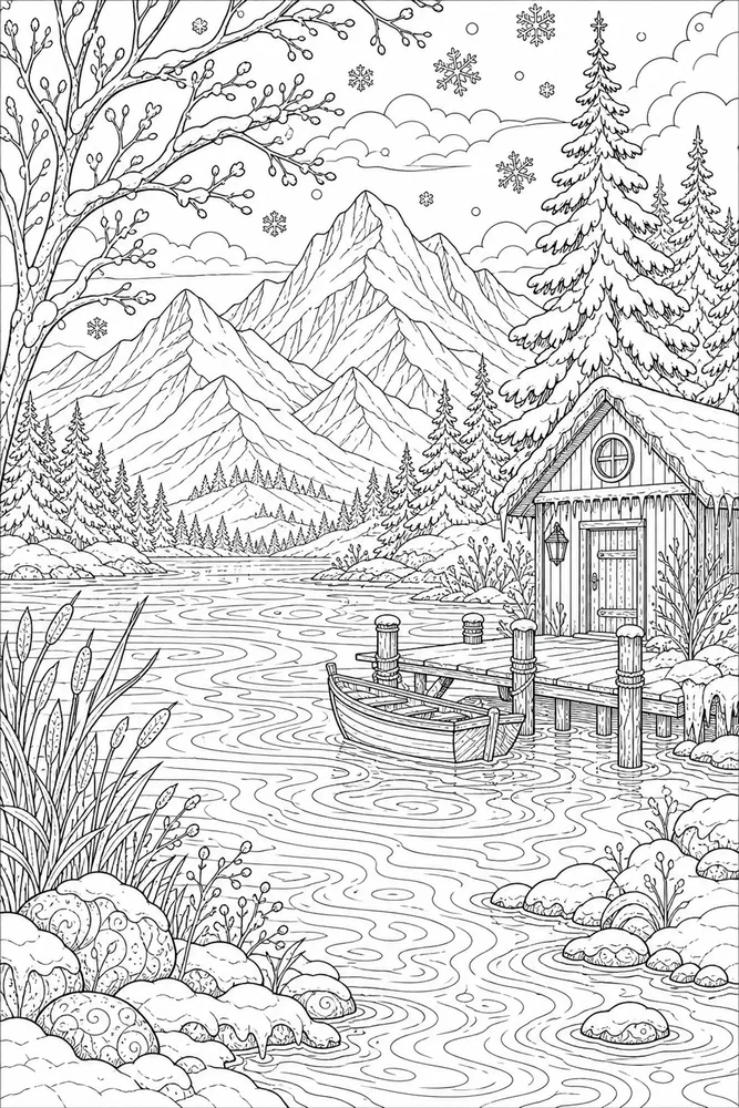 Adult Winter Mountain Lake coloring page