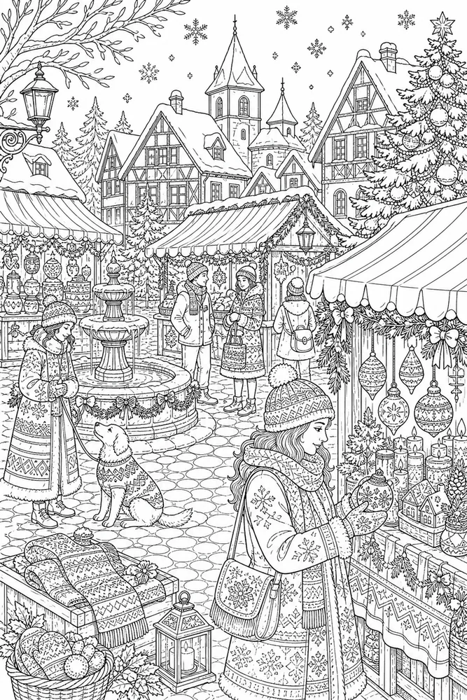Adult Winter Village Market coloring page