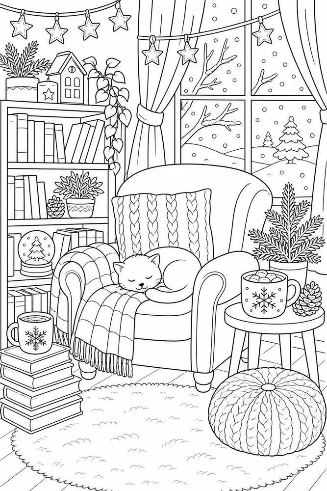 Cozy Winter Book Nook coloring page