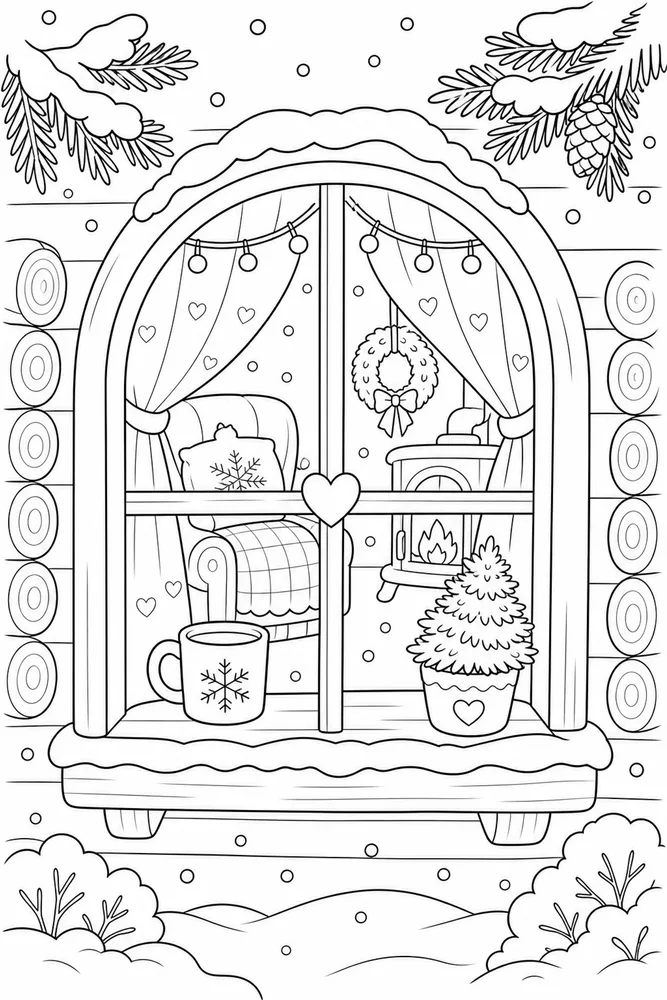Cozy Winter Cabin Window coloring page