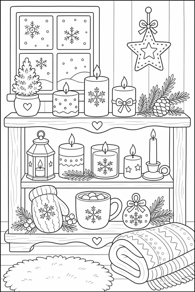 Cozy Winter Candle Shelf coloring page