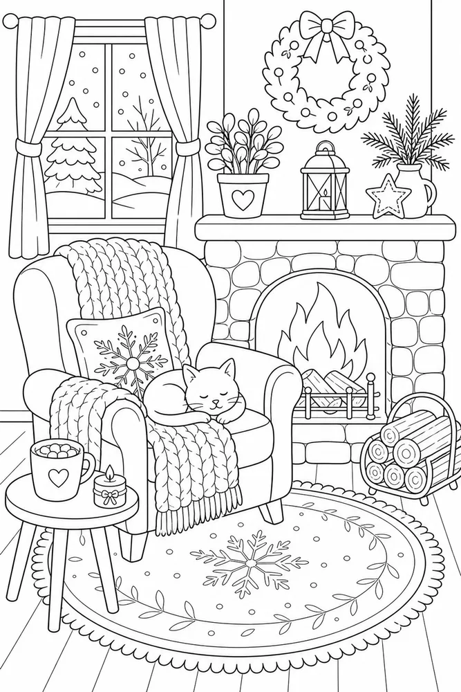 Cozy Winter Fireplace Chair coloring page