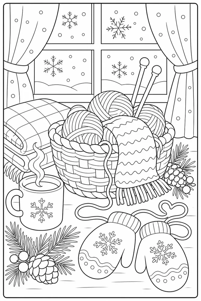 Cozy Winter Knitting Basket coloring page