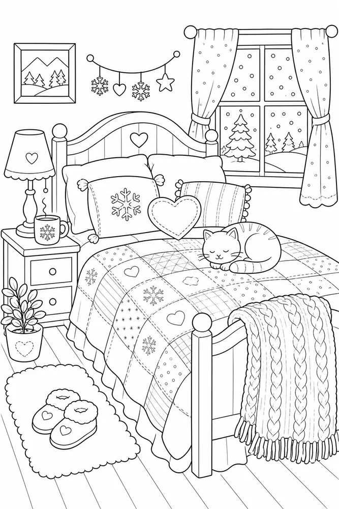Cozy Winter Quilt Bed coloring page