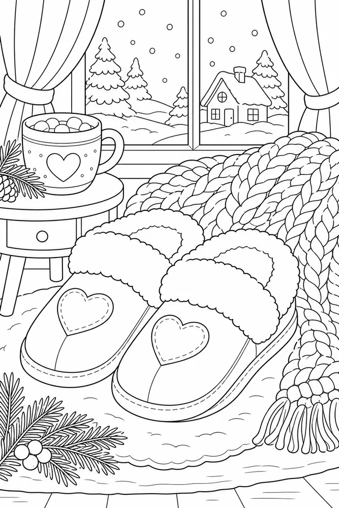 A cozy winter slippers coloring page with warm indoor details and open coloring spaces.
