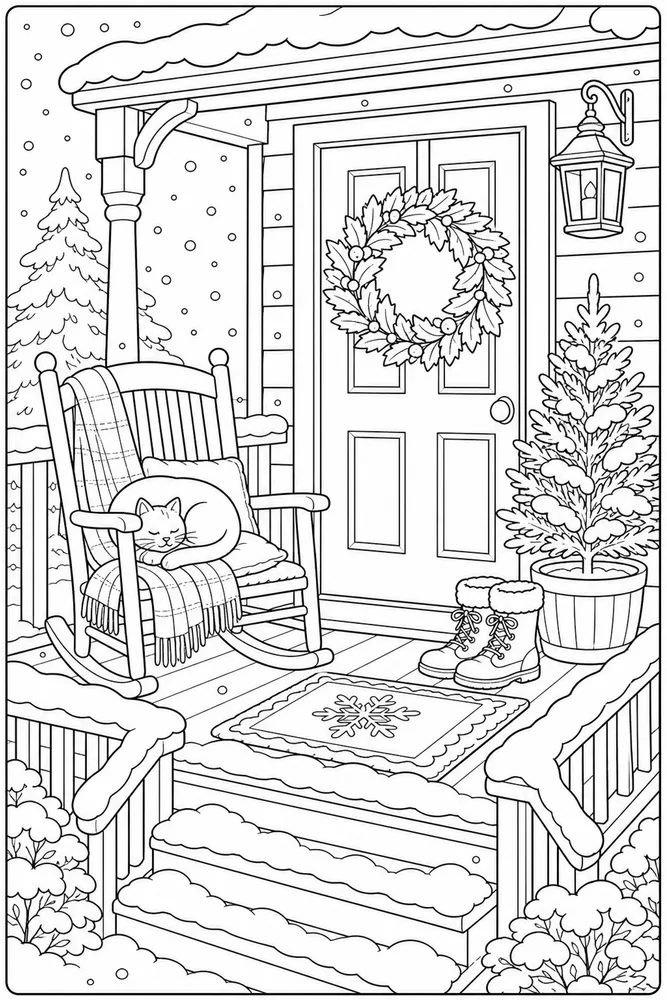Cozy Winter Snowy Porch coloring page