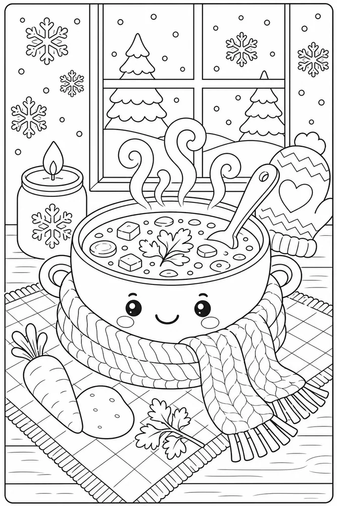 Cozy Winter Soup Bowl coloring page