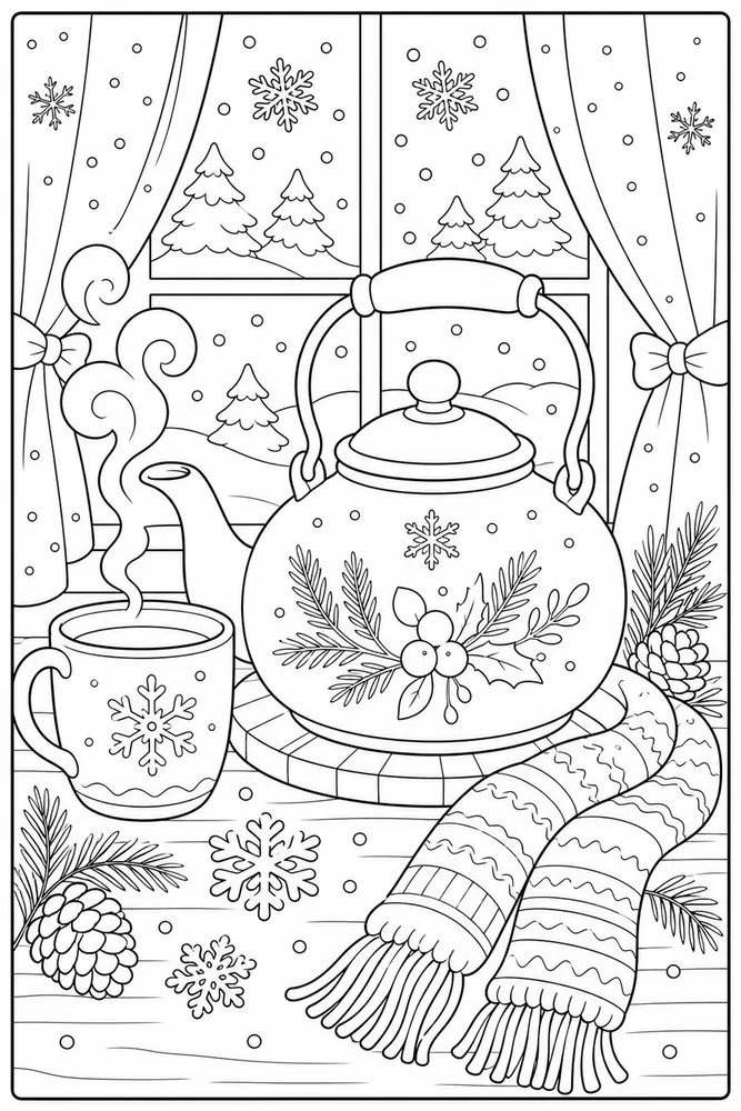 Cozy Winter Tea Kettle coloring page