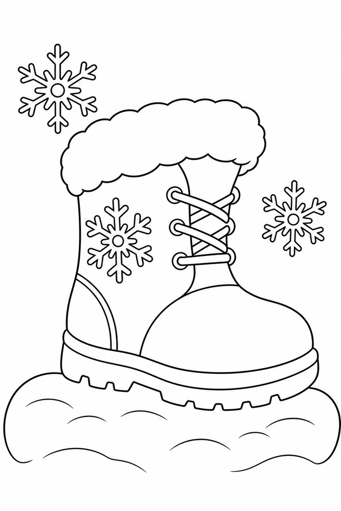 A simple winter boot coloring page with snowy details for easy coloring.