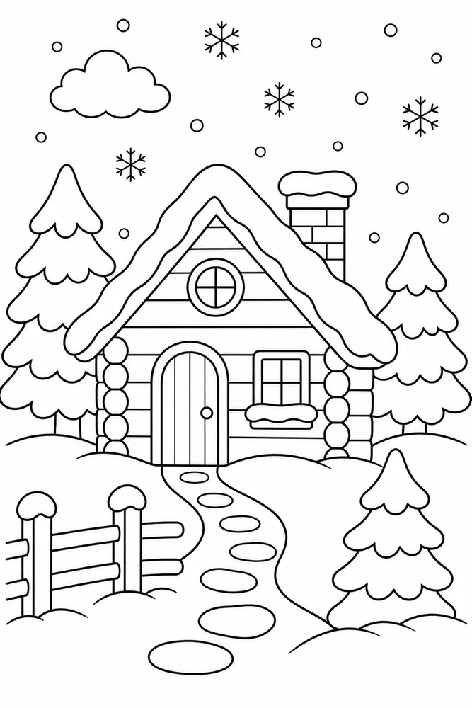 A simple winter cabin coloring page with snow and open shapes for kids.
