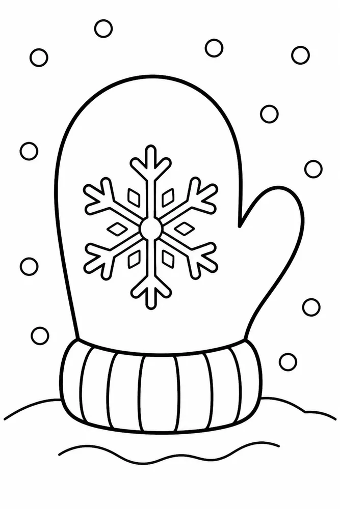 An easy winter mitten coloring page with cozy snow day details.