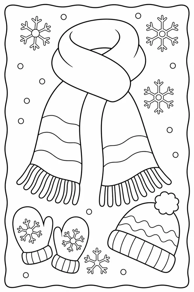 A simple winter scarf coloring page with cozy folds and winter details.