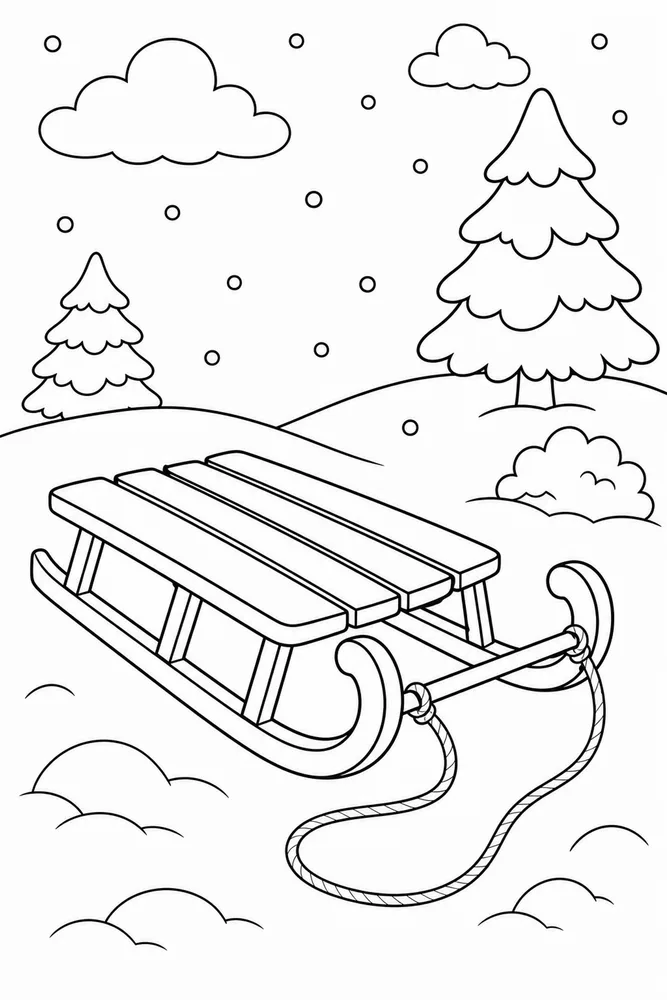An easy winter sled coloring page with simple snowy shapes for kids.