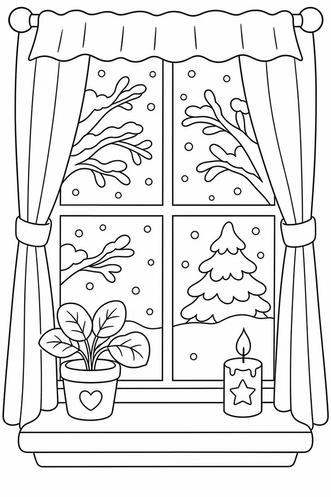 A simple winter window coloring page showing a snowy view and cozy indoor details.