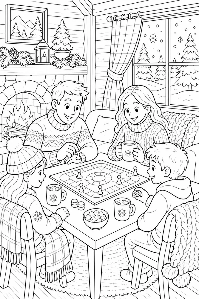 Winter Activities Cabin Board Game coloring page
