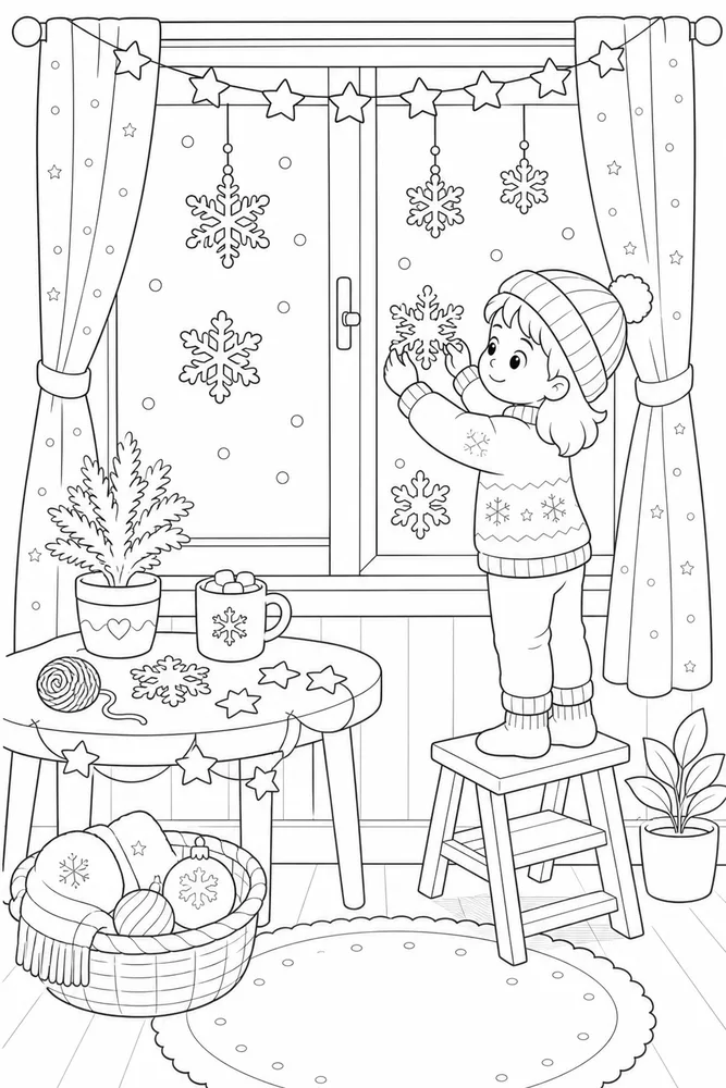 Winter Activities Decorating Window coloring page
