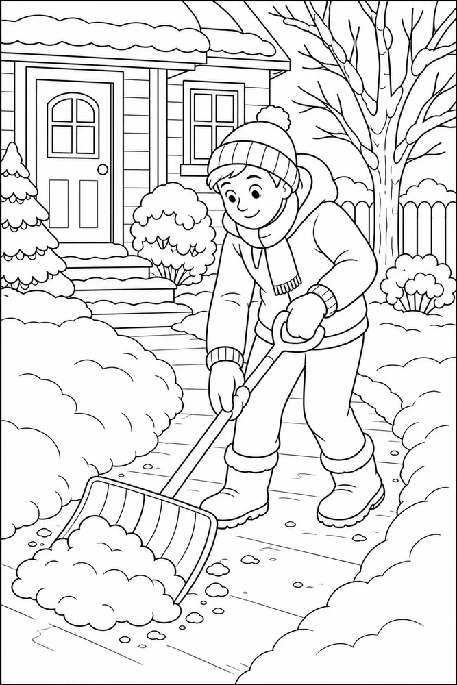 Winter Activities Shoveling Path coloring page