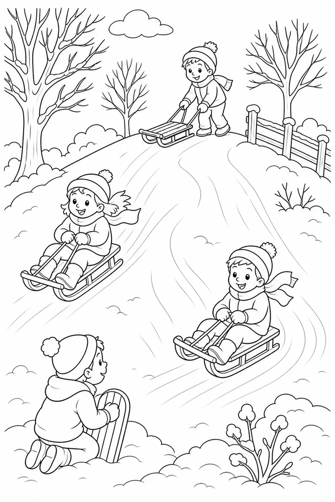 Winter Activities Sledding Hill coloring page