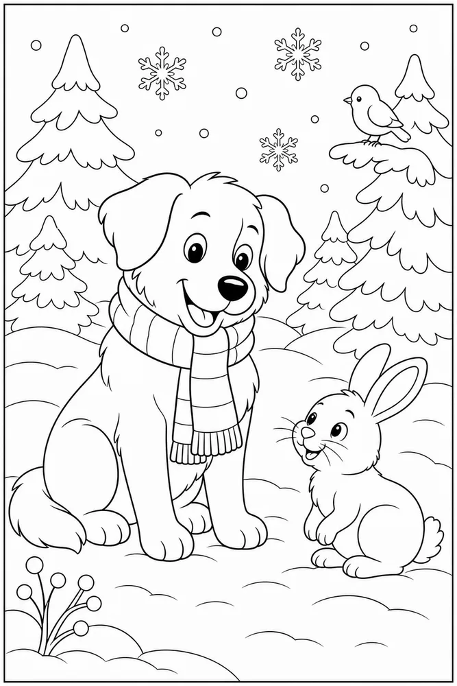Winter Animals Dog In Scarf coloring page